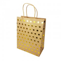 12 petits sacs cadeaux papier kraft brun naturel à pois doré brillant 15x8x21cm - 14140