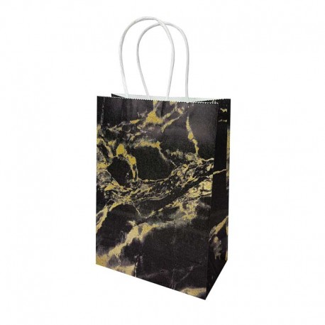 12 petits sacs cadeaux papier kraft noir motif marbré doré 15x8x21cm - 14147