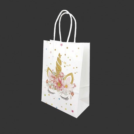 12 sacs papier kraft motif licorne dorée à fleurs 21x11x27cm - 14164