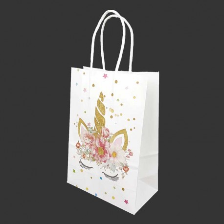 12 grands sacs en papier kraft motif licorne dorée à fleurs 26x12x33cm - 14165