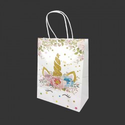 12 sacs papier kraft blanc motif licorne à fleurs 21x11x27cm - 14168