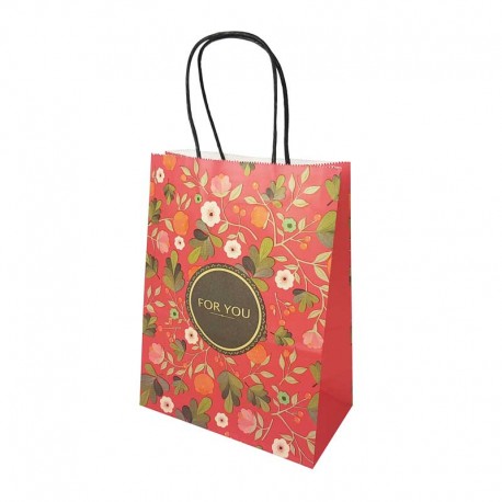 12 sacs papier kraft rouge à fleurs orangées 21x11x27cm - 14176