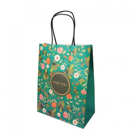 12 sacs papier kraft vert à fleurs orangées 21x11x27cm - 14184