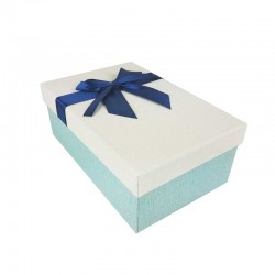 Boîte cadeaux bleu givré et écrue avec noeud ruban bleu nuit 22x15x9cm - 11114g