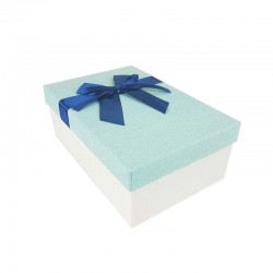 Boîte cadeaux écrue et bleu givré avec noeud ruban satiné bleu nuit 22x15x9cm - 11117g