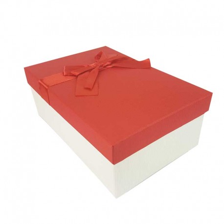 Boîte cadeaux blanc cassé et rouge avec noeud ruban satiné 22x15x9cm - 11129g