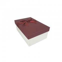 Boîte cadeaux blanc cassé et rouge bordeaux avec nœud ruban 18.5x11.5x7cm - 11139p
