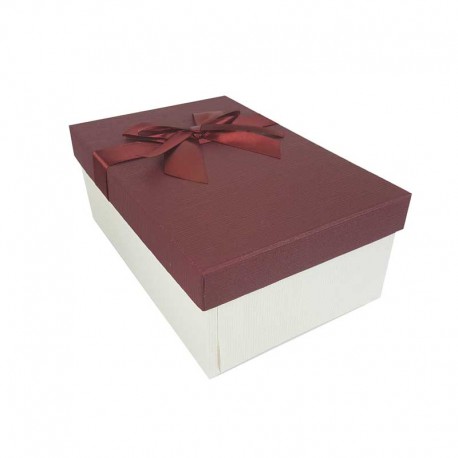 Boîte cadeaux blanc cassé et rouge bordeaux avec noeud ruban satiné 22x15x9cm - 11141g
