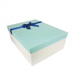 Grand coffret cadeaux écru et bleu clair avec noeud ruban satiné bleu nuit 32.5x24.5x12cm - 11147g