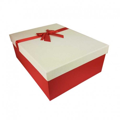 Grand coffret cadeaux rouge et blanc cassé avec noeud ruban rouge 32.5x24.5x12cm - 11156g
