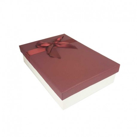 Coffret cadeaux bicolore blanc cassé et rouge bordeaux ruban rouge satiné 24.5x16x5.5cm - 11169p