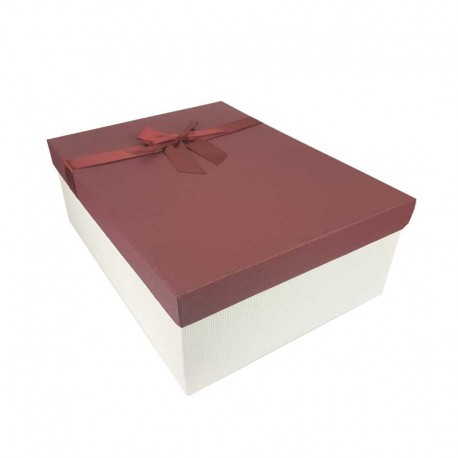 Grand coffret cadeaux blanc cassé et rouge bordeaux avec noeud ruban satiné 32.5x24.5x12cm - 11171g