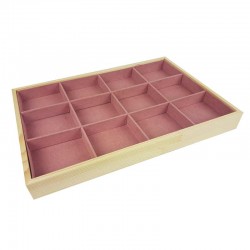 Plateau bijoux en bois et tissu aspect suédine rose à casiers