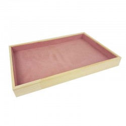 Plateau de présentation en bois et tissu aspect suédine rose
