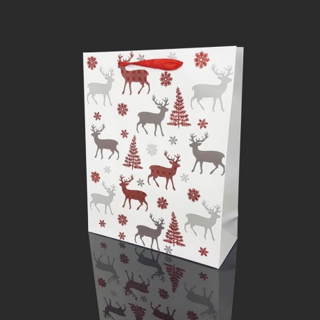 Lot de 12 sacs cadeaux motif rennes et sapins de Noël à paillettes 26x10x32cm - 12110