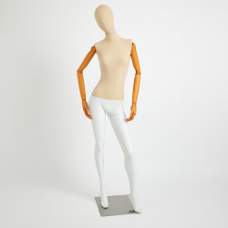 Maniquí de mujer de madera, resina y algodón beige natural y blanco