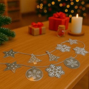 Guirlande en papier cartonné argenté brillant à motifs de noël 230cm