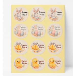 120 étiquettes cadeaux rondes 3cm - Joyeuses Pâques