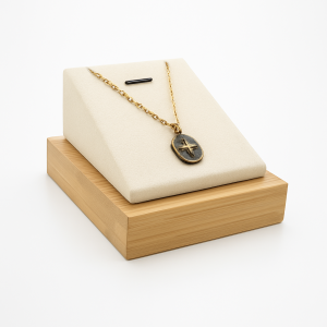 Support bijoux en bois et suédine beige pour pendentif