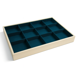 Bandeja para joyas de madera y tela con aspecto de ante verde esmeralda con compartimentos