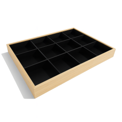 Bandeja para joyas de madera y símil piel negra con compartimentos