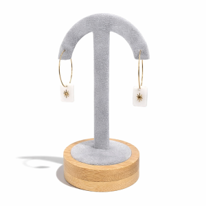 Porte boucles d'oreilles en forme de parapluie sur socle en bois - Velours gris