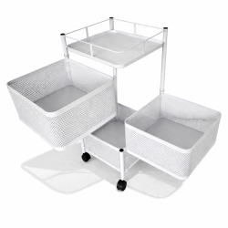 Pequeño mueble de almacenamiento con ruedas y 3 cajones giratorios de metal blanco