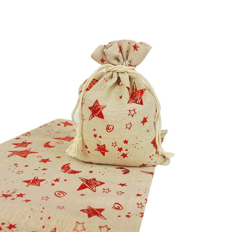 10 bolsas de algodón beige con estampado de estrellas y lunas rojas brillantes, 6,5 x 8,5 cm