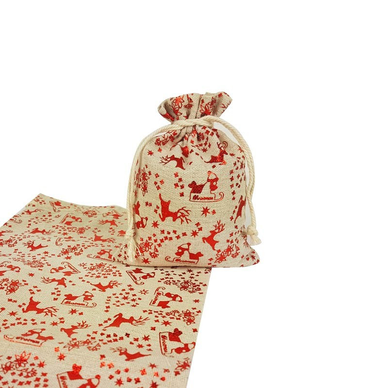 10 bolsas de algodón beige con motivo de renos y trineos rojos brillantes, 6,5 x 8,5 cm