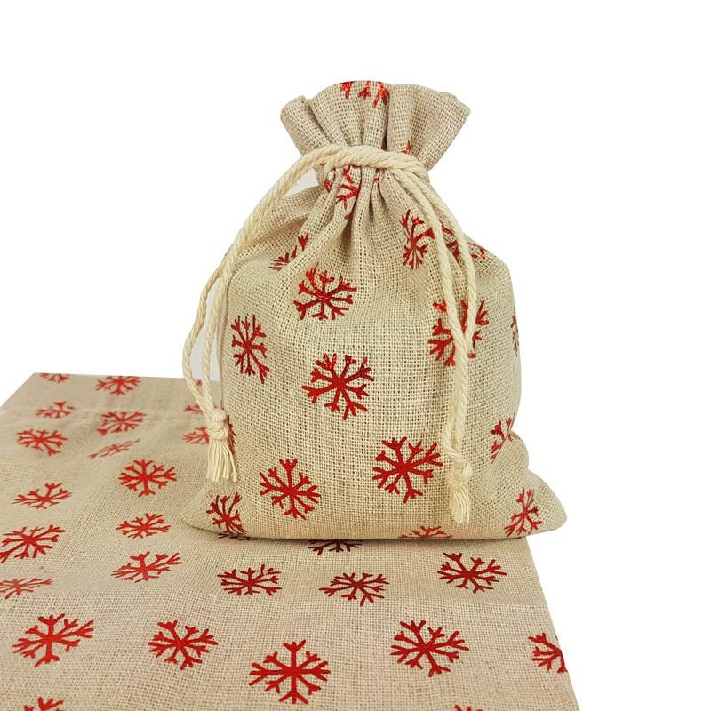 10 bolsas de algodón de color beige natural con motivo de copos de nieve rojos, 10 x 11 cm