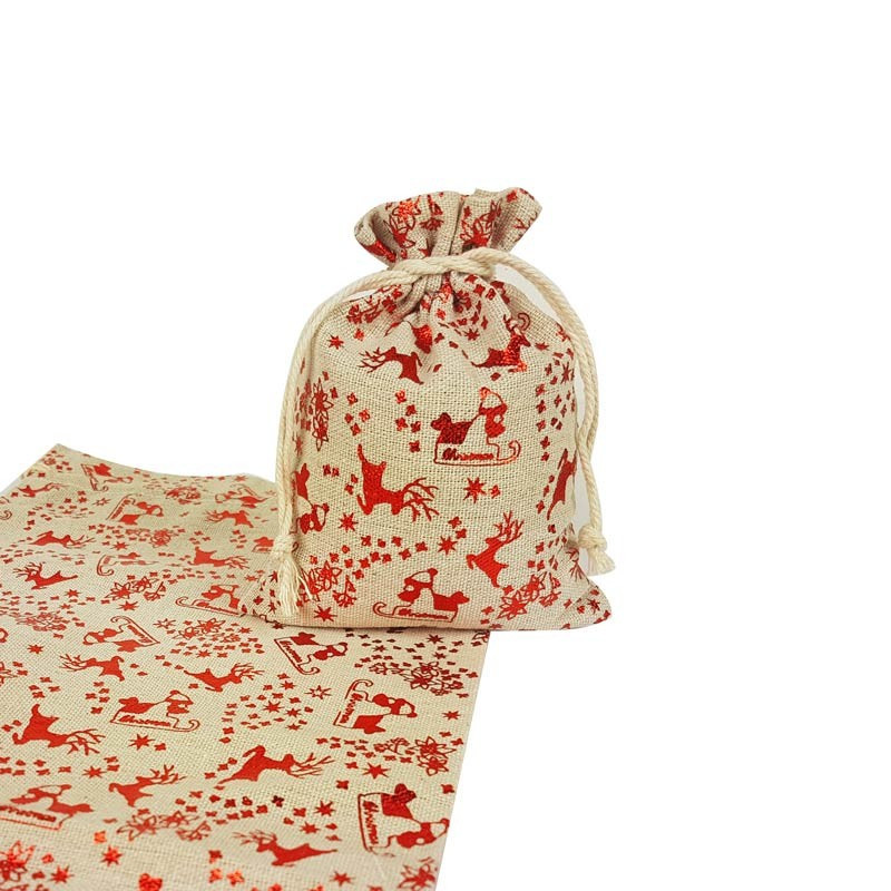 10 bolsas de algodón color beige natural con motivo de renos rojos, 10 x 11 cm