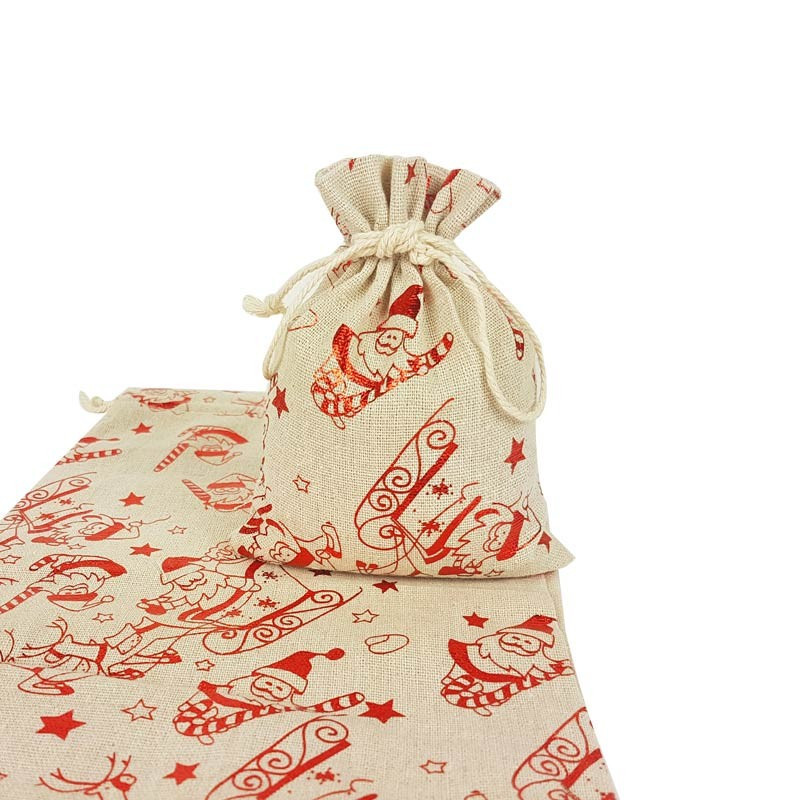 10 bolsas de algodón color beige natural con motivo de Papá Noel rojo, 10 x 11 cm