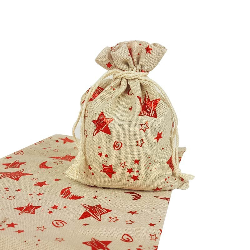 10 bolsas de algodón color beige natural con motivo de estrellas y lunas rojas 10x11 cm