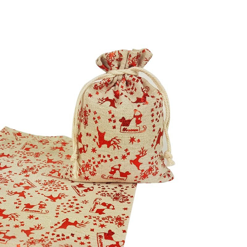 Lote de 10 bolsitas de algodón beige natural con motivo de renos de navidad rojos brillantes, 12 x 15 cm