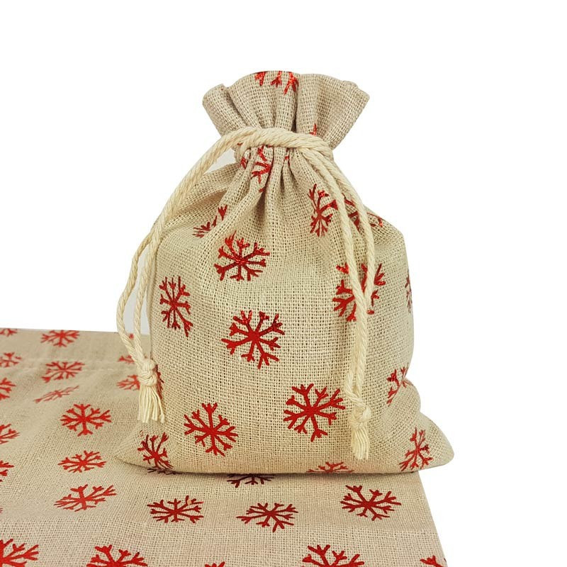 10 bolsas grandes de algodón beige con motivo de copos de nieve rojos brillantes, 20 x 30 cm