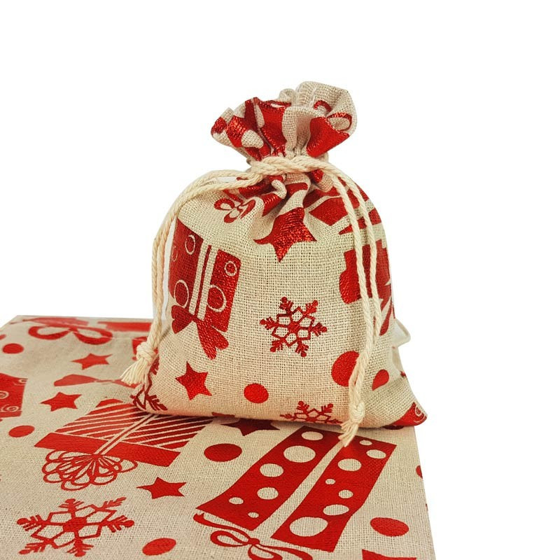 10 bolsas grandes de algodón beige con motivo de regalos rojos brillantes 20x30 cm