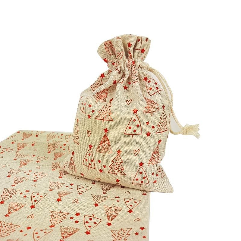 10 bolsas grandes de algodón beige con motivo de abetos rojos brillantes, 20 x 30 cm