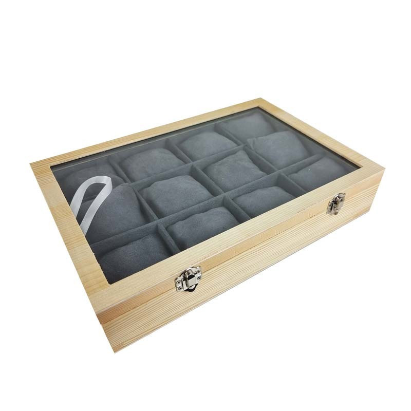Mallette à coussins pour 12 bracelets ou montres en bois et suédine grise - 17120