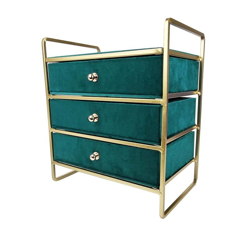 Boîte à bijoux à tiroirs en métal doré et velours bleu canard