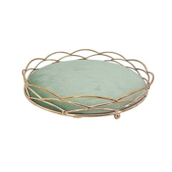 Bandeja de decoración para joyas de metal dorado y terciopelo verde almendra