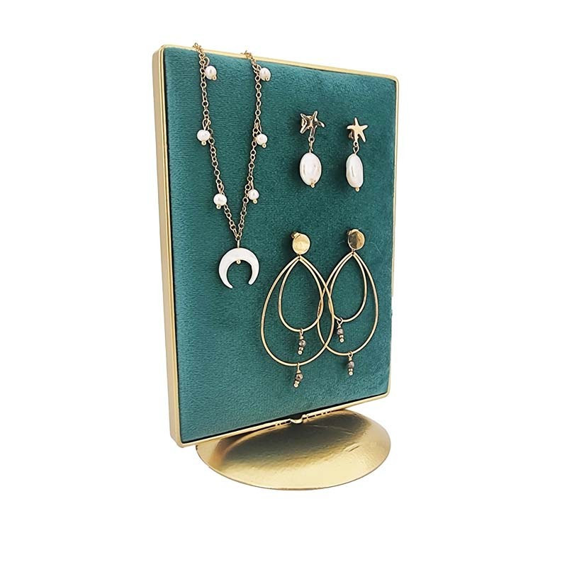 Petit porte bijoux en velours bleu canard sur socle en métal doré