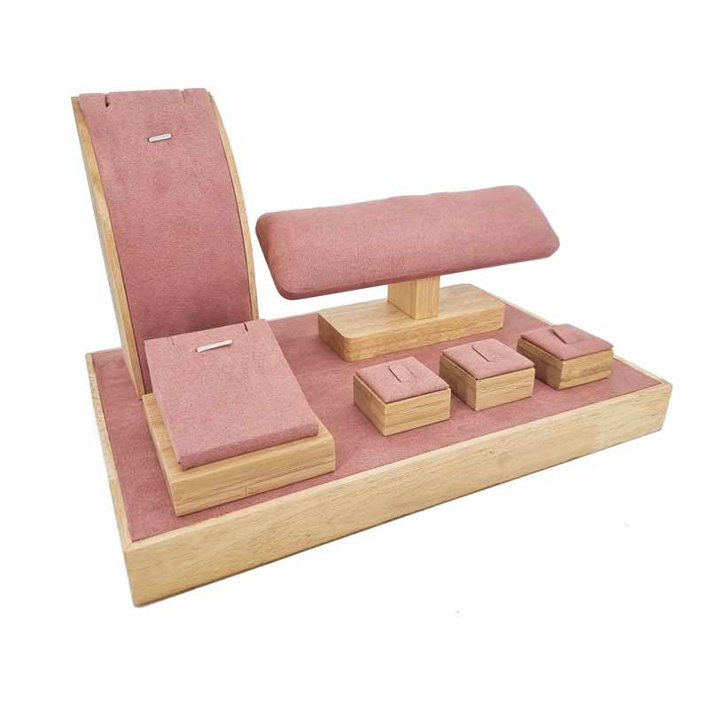 Petit plateau nu de présentation vitrine en bois et en suédine rose
