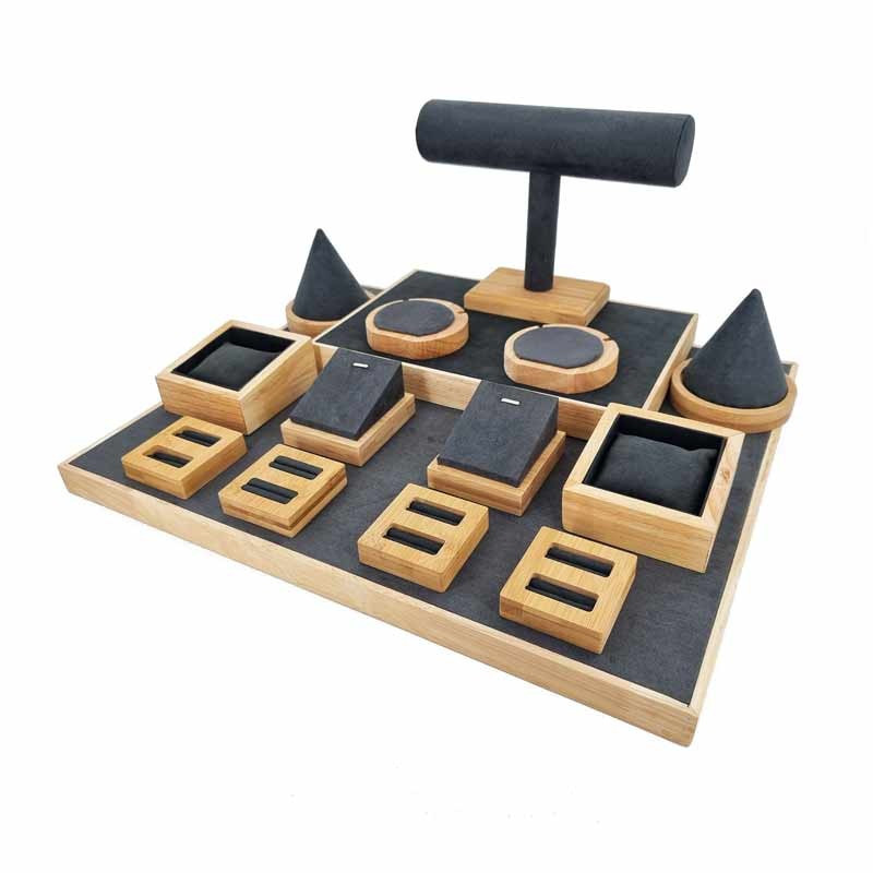 Grand plateau nu de présentation vitrine en bois et en suédine gris anthracite - 18021