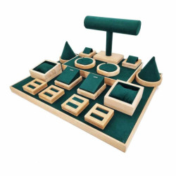Gran bandeja desnuda de presentación para vitrina de madera y de ante verde esmeralda