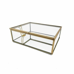 Caja grande para joyas de metal dorado y vidrio con fondo de espejo, 25 x 17,5 x 8,5 cm