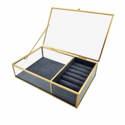 Caja para joyas de metal dorado y vidrio con fondo de ante gris antracita