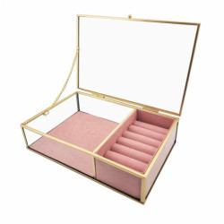 Caja para joyas de metal dorado y vidrio con fondo de ante rosa
