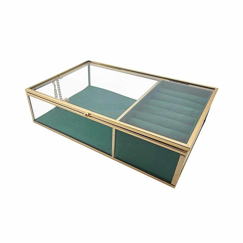 Boîte à bijoux en métal doré et en verre fond suédine vert émeraude