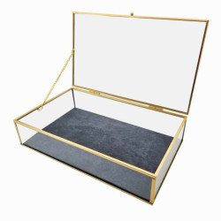 Caja para joyas vacía de metal dorado y vidrio con fondo de ante gris antracita