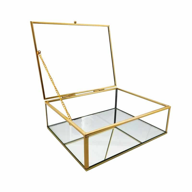 Caja para joyas de metal dorado y vidrio con fondo de espejo, 20 x 16 x 6,5 cm